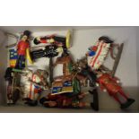 A box containing a quantity of die cast and other figurines including knights on horseback,