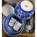 A box containing a quantity of blue and white ceramics including Copeland Spode Italian, etc.