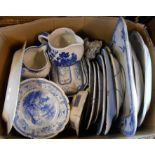 A box containing a large quantity of blue and white china including meat plates, warming plate,