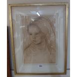 A gilt framed pencil portrait of a young girl - indistinctly signed