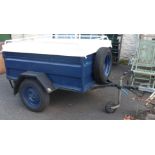 A steel box trailer with hinged tailgate and gas strut lid, in blue and white paintwork, complete