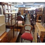 Two Edwardian mahogany and strung bedroom chairs - sold with a mahogany balloon back chair