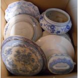 A box containing a selection of ceramic items including blue and white meat plates, etc.