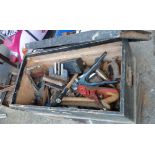 A wooden tool chest containing assorted tools including planes, Spear & Jackson riveter, Woden No.
