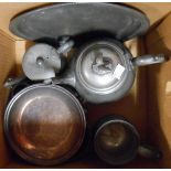 A box containing assorted metalware including pewter tea set and tray, etc.