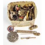 A small box containing old jewellery items and a filigree compact case, etc.