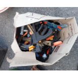 A box of clamps including G clamps, JCB & Roughneck examples, etc.