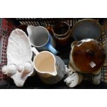 A crate containing assorted china and glassware including Spode leaf pattern dish cruet, 1959