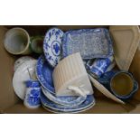 A box containing a selection of ceramic items including blue and white, etc.