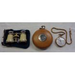 A gold plated pocket watch and chain - sold with a pair of opera glasses in purse case and a