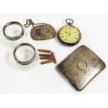 A silver cigarette case and a damaged silver cased Kays lever pocket watch, also two small glass
