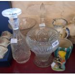 Two cut glass vases, two cut glass decanters and a small selection of glass items