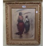 A parcel gilt and hessian framed vintage oil on canvas depicting two female figures with umbrellas -