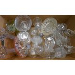 A box containing assorted glassware including drinking glasses, vases, pair of cut glass scent