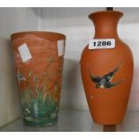 Two 19th Century Torquay terracotta items each with enamelled decoration comprising a vase with