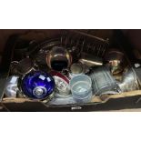 A box containing a quantity of silver plated items including gallery and other tray, toast racks and