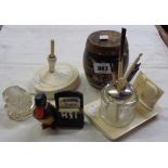 A selection of writing related items including elephant decorated inkstand with white metal collared