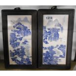 A pair of modern Chinese transfer printed tiles in hardwood frames