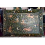 An old Eastern wooden tray decorated all over with hand painted depictions of monkeys and other