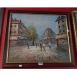 Caroline Burnett: a stained wood framed 1950 oil on canvas of a Parisian street scene - American