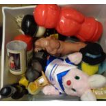 A drawer containing a quantity of vintage toys including Disney thermos flask, Home Pride Fred