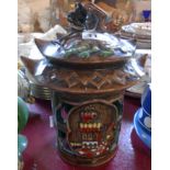 A vintage Italian pottery Chinese lantern style hanging lamp with embossed decoration and painted