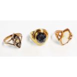 Three 9ct. gold rings comprising intaglio, cameo and pearl set