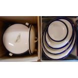 Two boxes containing a small quantity of blue banded dinner ware