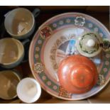 A box containing assorted ceramics including Denby cups and saucers, Chinese ginger jar, etc.