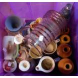 A box containing assorted ceramic items including stoneware ginger beer bottles, Wedgwood