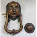 A Victorian cast brass door knocker and fittings with Egyptian head holder and original strike