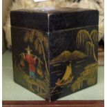 A 1920's chinoiserie lacquer decorated playing card box with two miniature playing card sets inside