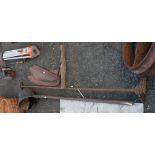 An old iron tarmac hoe, long handled pot and two hay knives - various condition