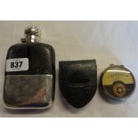 A vintage silver plated and leather clad hip flask - sold with a cased voltmeter