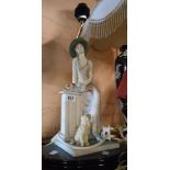 A resin figural lamp base depicting a lady with dog by her feet
