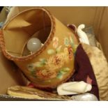 A box containing assorted collectable items including table lamp, onyx, marble bookends, etc.