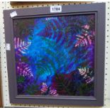 A framed modern oil on canvas board study of fern leaves in bright palette