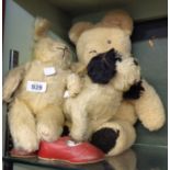 An old mohair teddy bear - sold with a dog, another teddy and a pair of dolls shoes