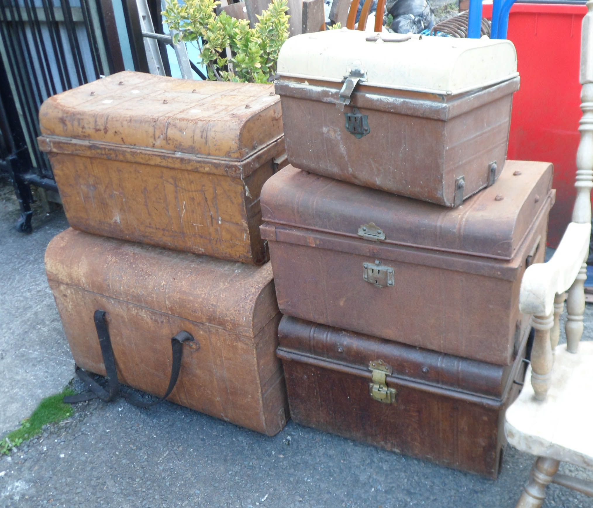 Five metal trunks - various condition