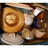 A box containing a selection of ceramic items including studio pottery, Hornsey storage jars, etc.