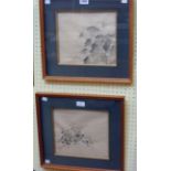 Two stained wood framed Oriental watercolour botanical studies - with red seal stamps