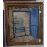 A gilt framed vintage oil on board, depicting a view from a window with lighthouse in mid ground -