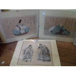 Three clip framed Japanese coloured prints, all figural subjects