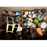 A box containing a large quantity of artist's paints and other equipment including brushes, oil
