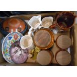 A box containing assorted ceramic items including Hornsey Heirloom storage jars, advertising pub