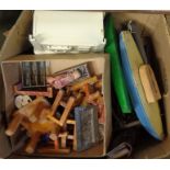 Two boxes containing a large quantity of vintage toys including Hornby tin plate railway and