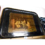 A Victorian papier-mâché tray with central applied print depicting gentlemen playing chess and