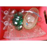 A crate containing a quantity of glassware including dressing table set, bowl, etc.