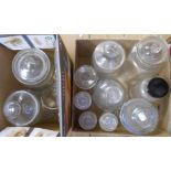 Two boxes containing assorted glassware including vintage sweet jars, chemist's bottle, etc.