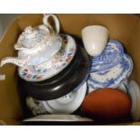 A box containing a selection of assorted ceramics including blue and white strainers, jelly mould,